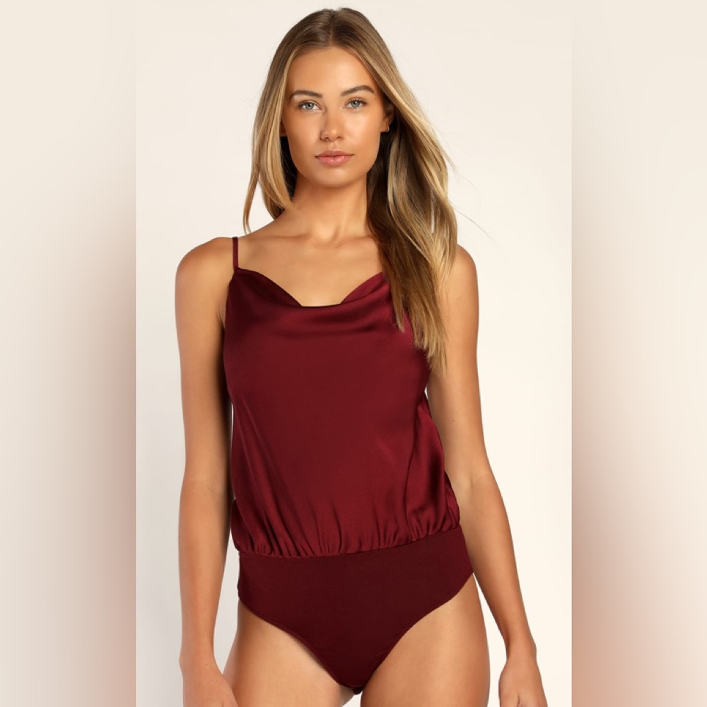 Lulu’s Emmerson Burgundy Satin Sleeveless Cowl Neck Bodysuit, Size Small